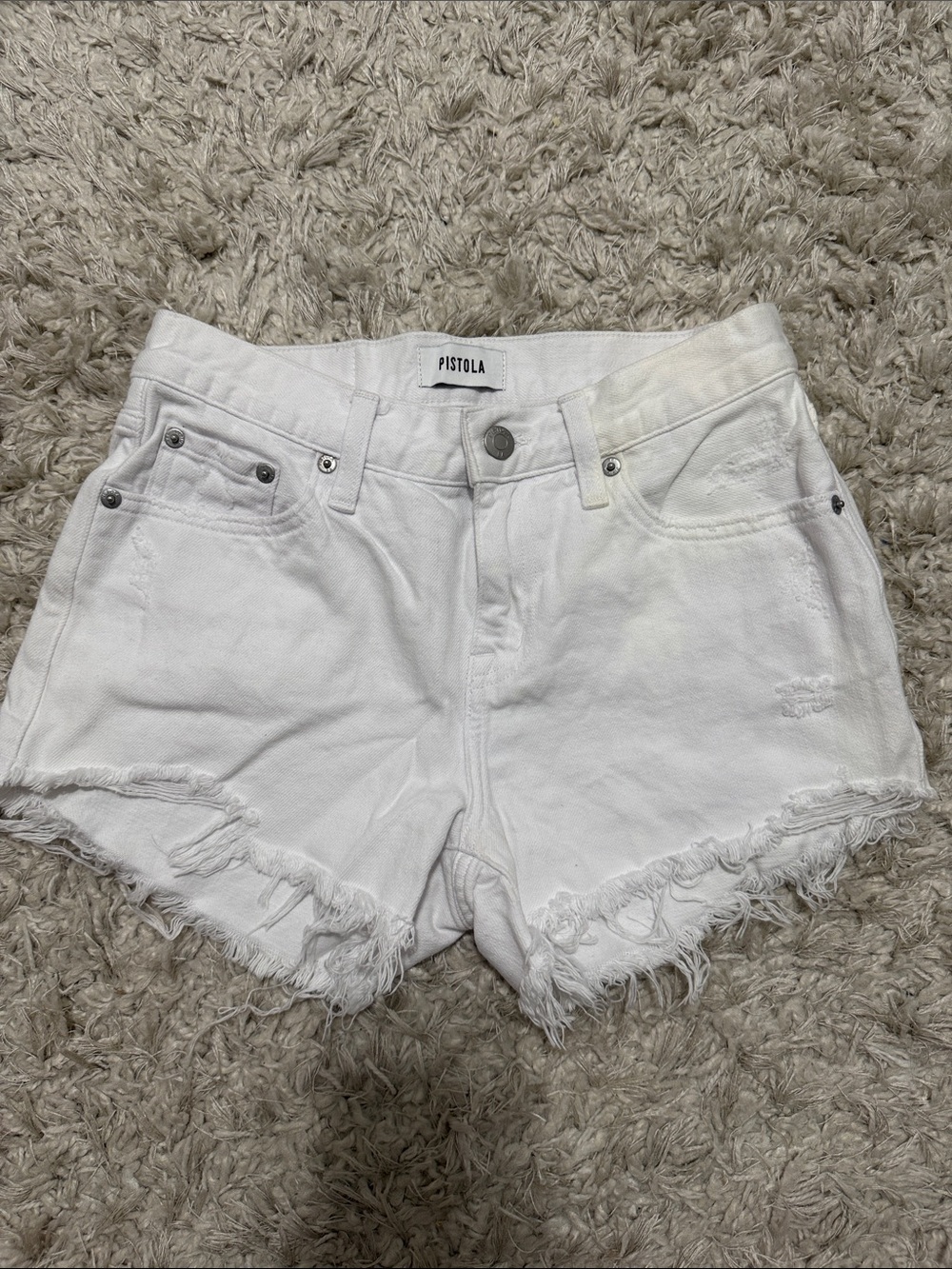 pistola White Distressed Frayed Hem Denim Shorts